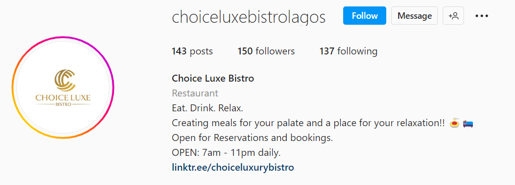 Instagram のレストランやコーヒー ショップのバイオ アイデア、高級ビストロの選択