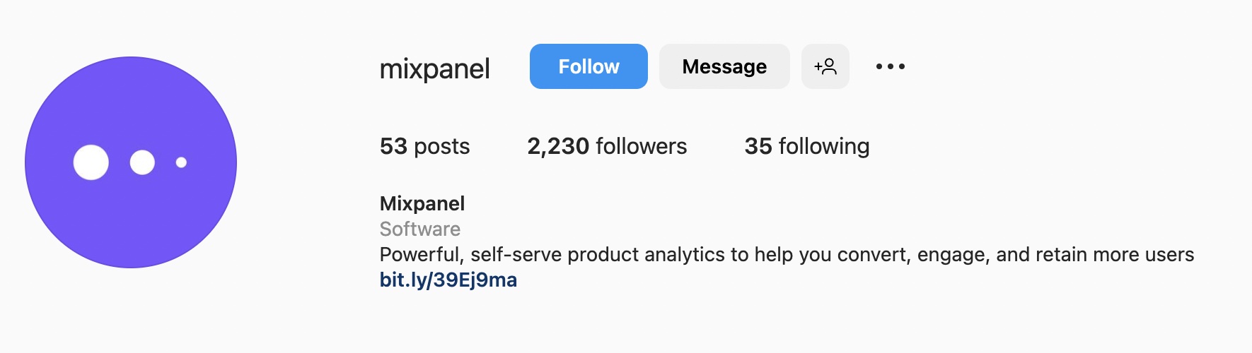 SaaS ビジネス向けのシンプルな Instagram バイオのアイデア、mixpanel