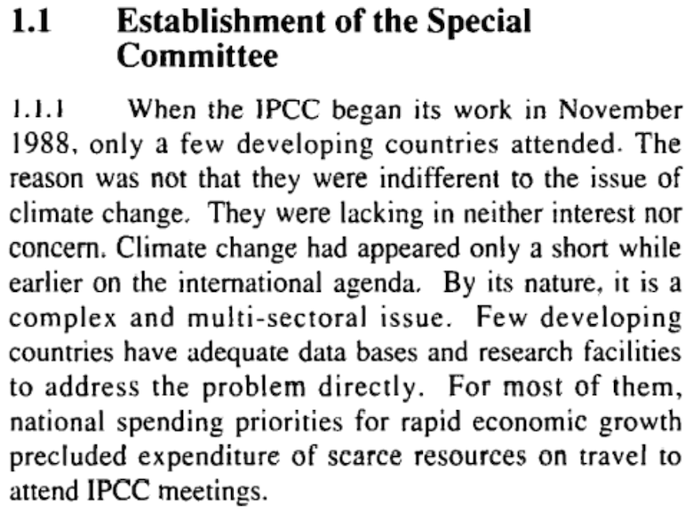 "विकासशील देशों की भागीदारी पर आईपीसीसी की विशेष समिति का नीति निर्माता सारांश" (1990) से रैगआउट।