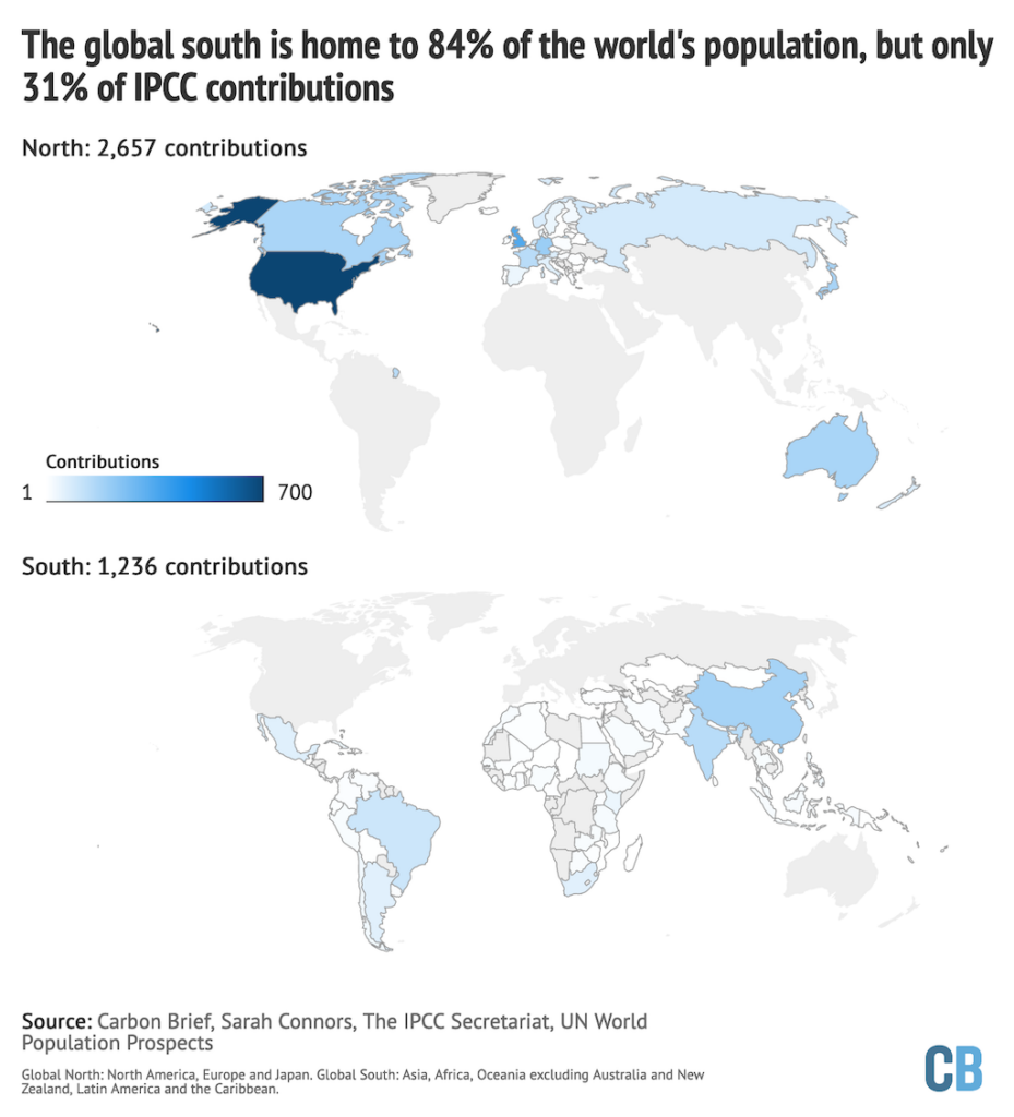Aantal auteurs uit elk land, voor alle IPCC-rapporten die in deze analyse zijn opgenomen. Donkerdere cijfers geven meer auteurs aan.
