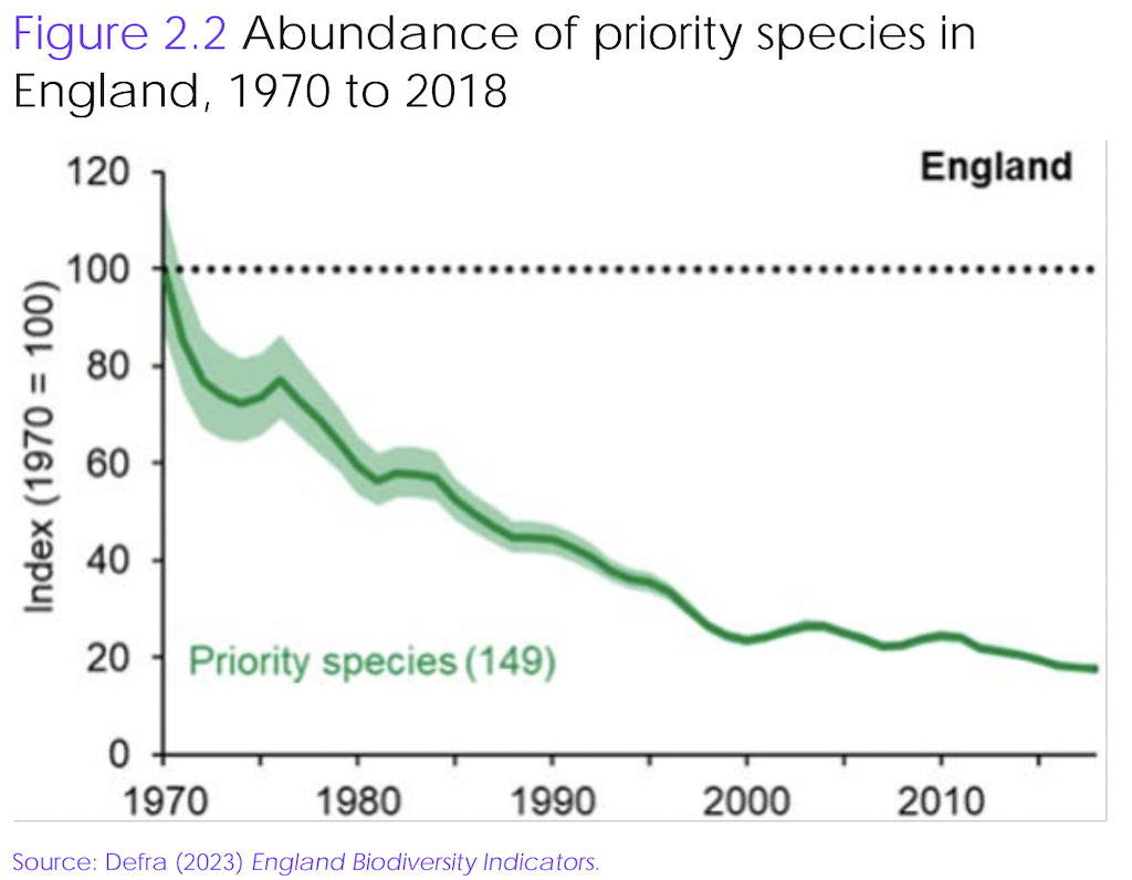 1970-2018 yılları arasında İngiltere'de öncelikli türlerin bolluğu. Kaynak: CCC (2023).
