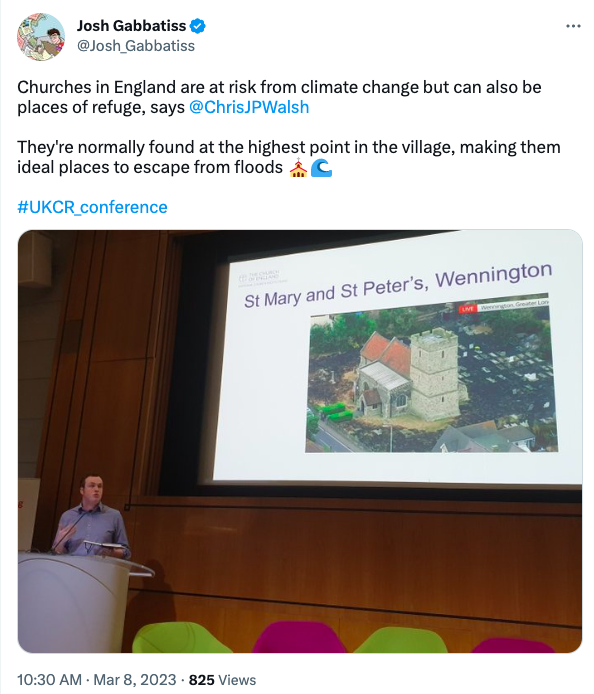 Le tweet de @Josh_Gabbatiss montrant comment les églises en Angleterre sont menacées par le changement climatique mais peuvent aussi être des lieux de refuge.