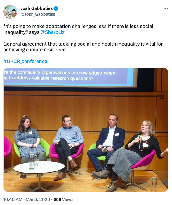 De tweet van @Josh_Gabbatiss waarin Liz Sharp wordt geciteerd over aanpassingsuitdagingen.