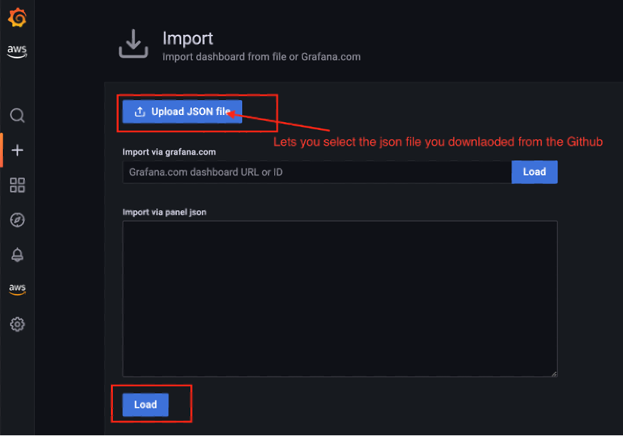 Configuring dashboard by importing the json file
