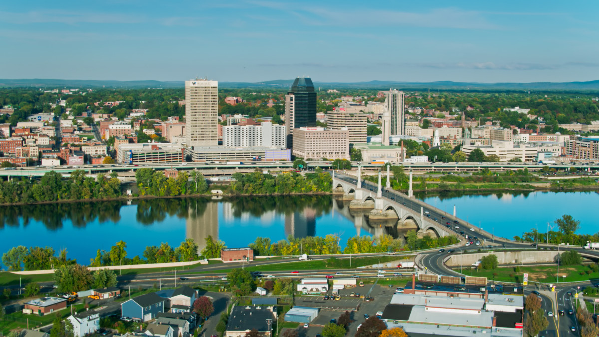 Downtown Springfield, Massachusetts from West Springfield with Connecticut River-Aerial
