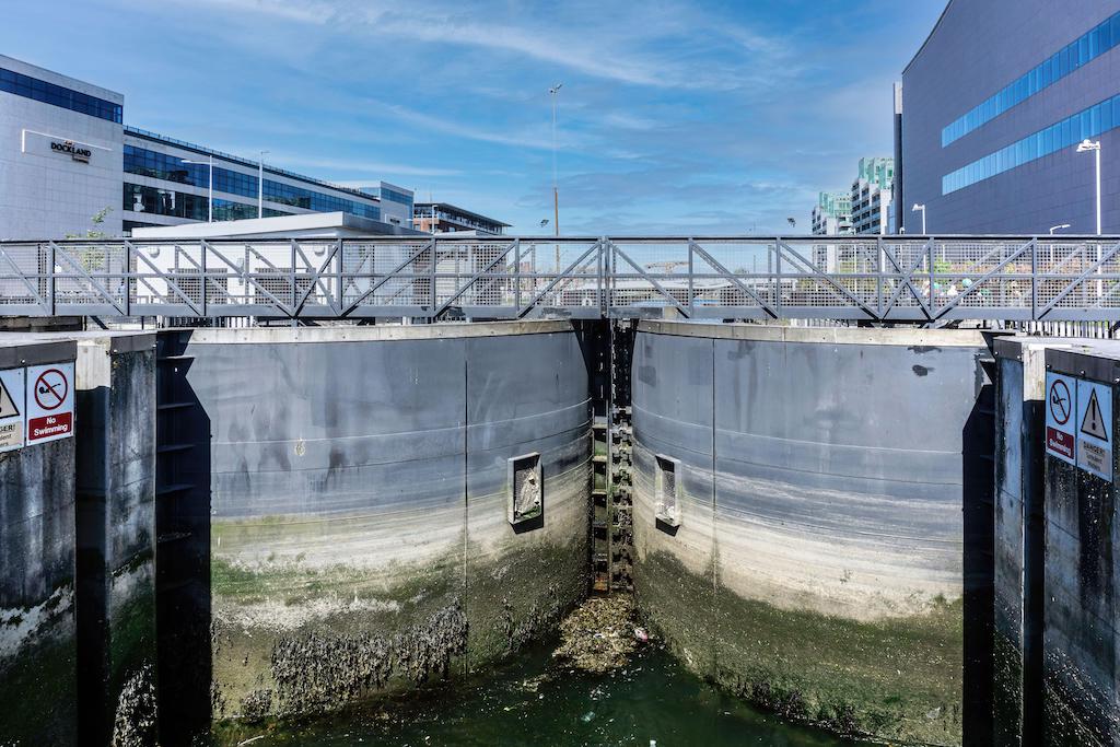 The River Liffey flood gates at Spencer Dock on the north quays of Dublin, Ireland. They were installed in 2009.