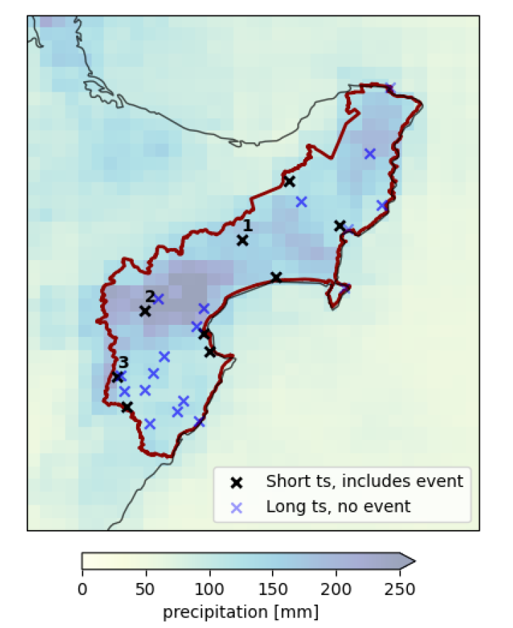 Map showing the 24 weather stations used in the study. The black crosses indicate stations that recorded rainfall data during the cyclone, while blue crosses indicate stations that did not record data during the cyclone. Numbers indicate an additional three stations operated by the council. The shading indicates the two-day accumulated rainfall from Cyclone Gabrielle over 13-14 February. Source: WWA (2023).