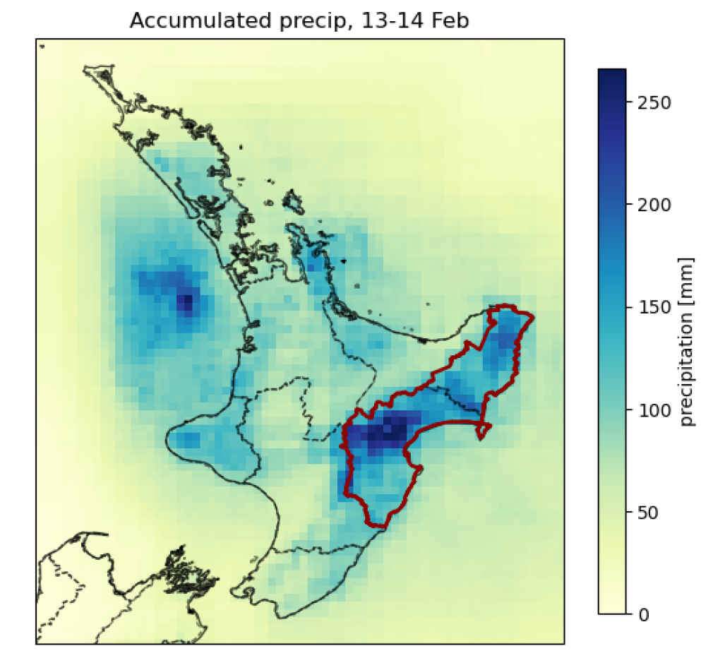 Two-day accumulated rainfall over 13-14 February 2023 in Aotearoa New Zealand. The dark red outline indicates the Te Matau-a-Māui/Te Tairāwhiti study region. Source: WWA (2023).