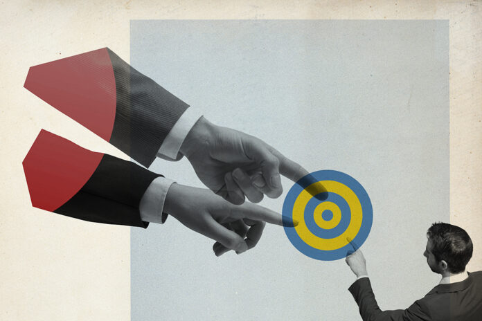 Corporate business people pointing at the target, business goals and mission concept, vintage style design