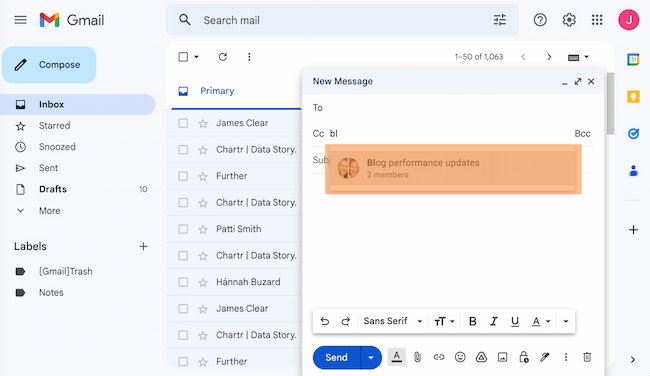 Ejemplo de cómo crear un correo electrónico de grupo en Gmail: seleccione el nombre del grupo