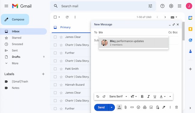 Ejemplo de cómo crear un grupo en Gmail: escriba el nombre del grupo