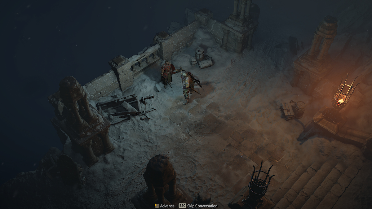 Diablo 4-personage in interactie met een Npc met een vuur op de achtergrond
