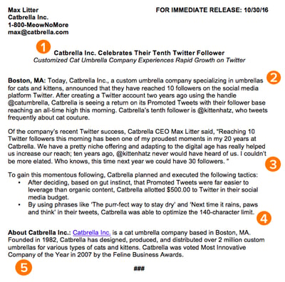 Ejemplo de formato de comunicado de prensa de HubSpot, con marcadores naranjas que resaltan cinco áreas clave en el comunicado de prensa: título, 3 párrafos, sección acerca de nosotros