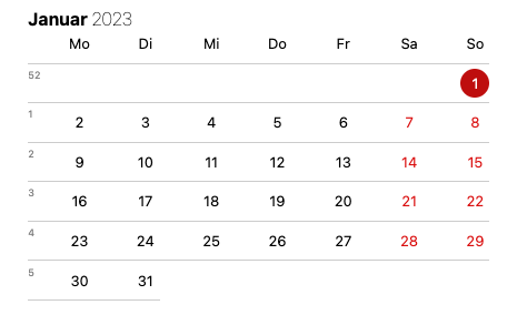 Cuadrícula del calendario de enero de 2023.