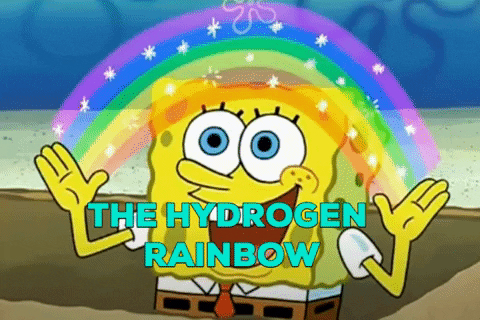 A picture of spongebob squarepants with a rainbow stretching between both of his hands. Under the rainbow, the words 'The Hydrogen Rainbow' in blue.