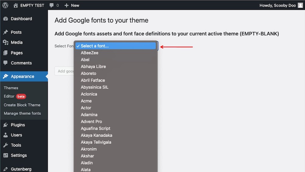 Agregue Google Fonts a su pantalla de tema con el menú de selección de fuentes abierto que muestra una lista de fuentes disponibles.