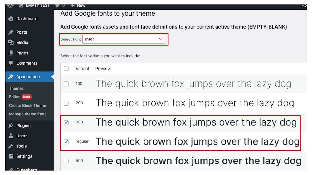 Agregue Google Fonts a su pantalla de tema con Inter seleccionado y escriba muestras debajo de las diversas variaciones de peso.
