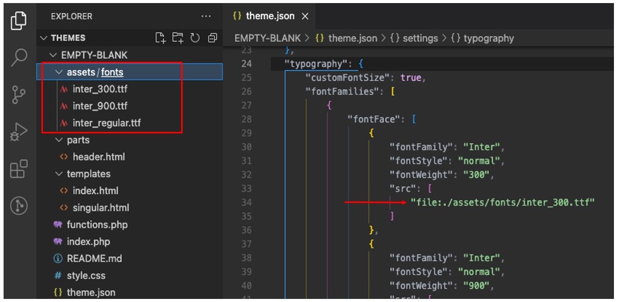 Explorador de archivos VS Code a la izquierda que muestra archivos de fuentes Inter; theme.json a la derecha que muestra las referencias de Inter.