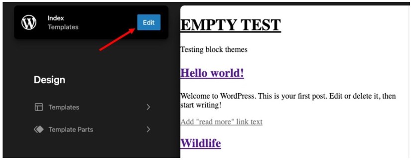 Pantalla de Wordpress Site Editor con el panel de navegación abierto y resaltando el botón Editar.