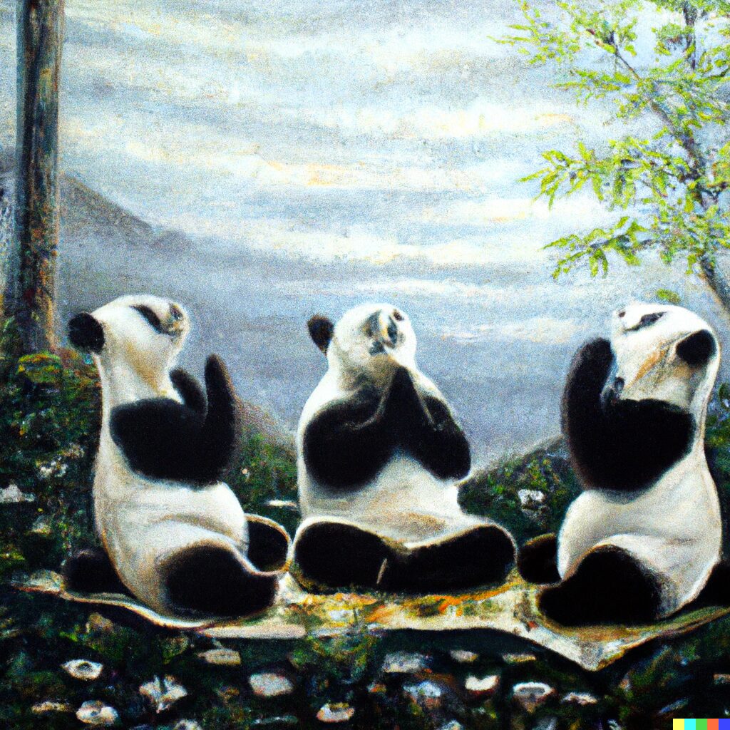 Una pintura al óleo de pandas meditando en el Tíbet