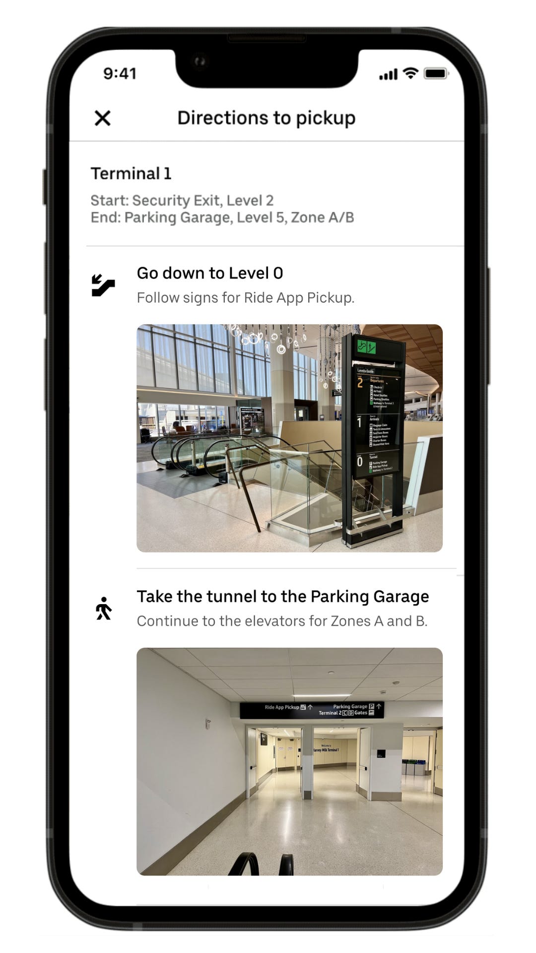 A screenshot of a step-by-step photo guide in Uber's app, taking users from an airport gate to the pickup area outside.