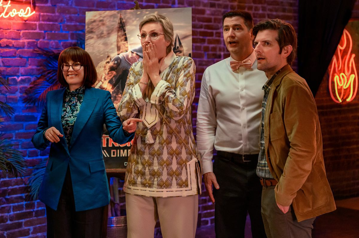 Lydia Dunfree (Megan Mullally), Constance Carmell (Jane Lynch), Ron Donald (Ken Marino) standing and looking shocked at something off-screen in a still from Party Down season 3 episode 1