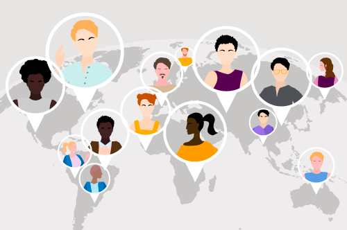사람들의 얼굴이 있는 여러 위치 마커가 있는 세계 지도