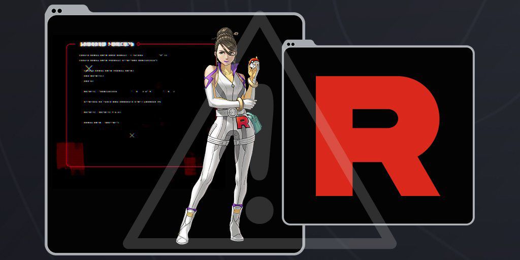 A woman in a white uniform with the Team Rocket Logo stands in the middle of a data screen