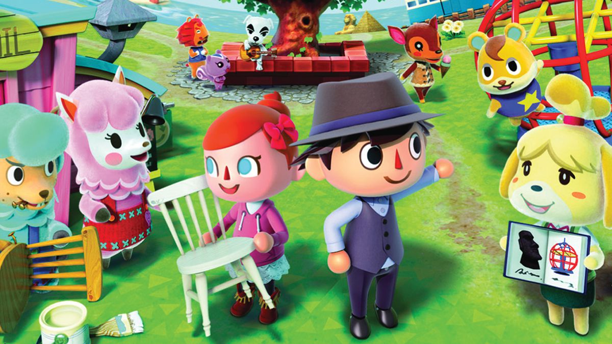 Animal Crossing New Leaf key art met twee dorpelingen die zwaaien en een stoel omhoog houden, terwijl verschillende NPC's hen omringen met opties