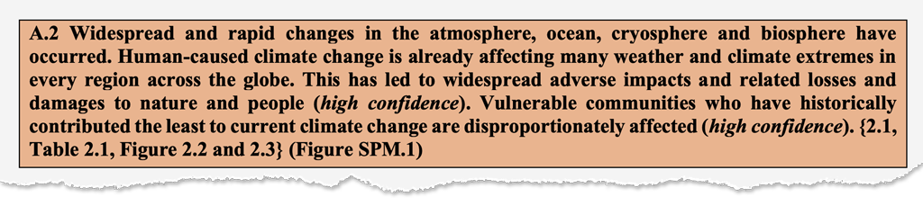 La declaración principal de A2 del SPM que los autores "pasaron horas elaborando" para reflejar la vulnerabilidad y los impactos en los sistemas humanos y naturales. IPCC (2023) RRP pág. 5