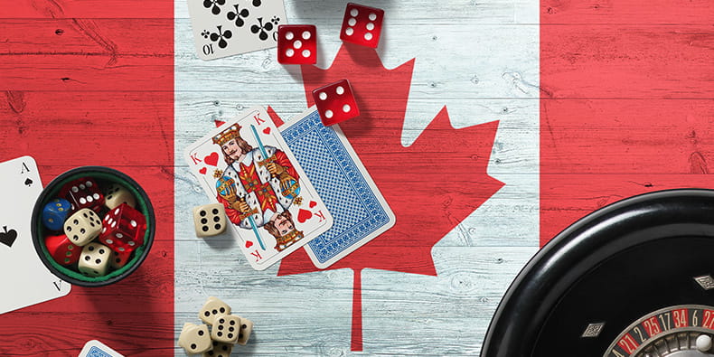 Canadese vlag met gokwerktuigen bovenop