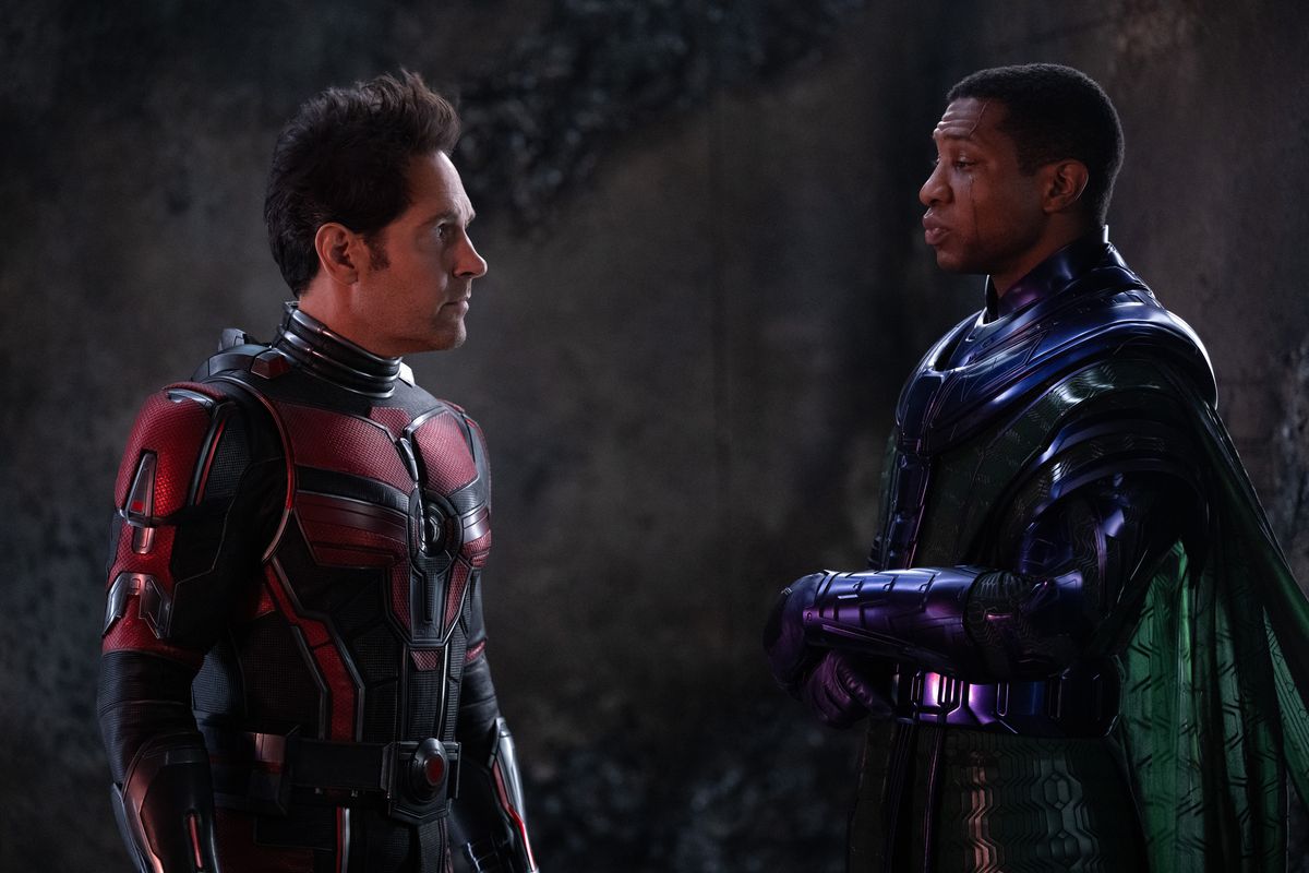 Paul Rudd as Scott Lang/Ant-Man and Jonathan Majors as Kang the Conqueror in Ant-Man and the Wasp: Quantumania.