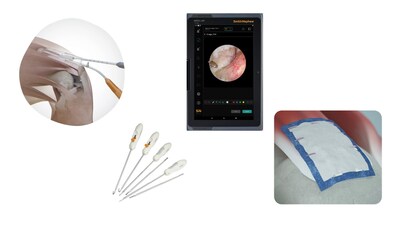 L-R: Smith+Nephew's QUADTRAC Quadriceps Tendon Harvest Guide System, CAP-FIX Capsular Management Family, INTELLIO Tablet, and REGENETEN Bioinductive Implant