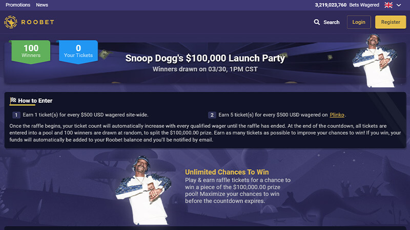 snoop dogg roobet $100k prize pool raffle