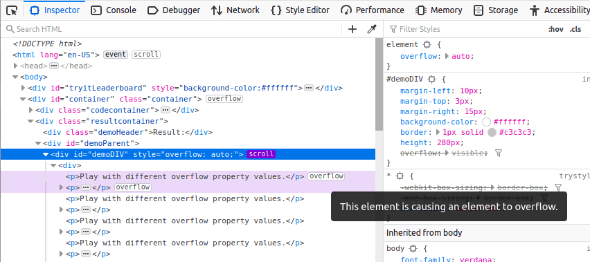 Insignia de desbordamiento en Firefox DevTools ubicada en el panel HTML