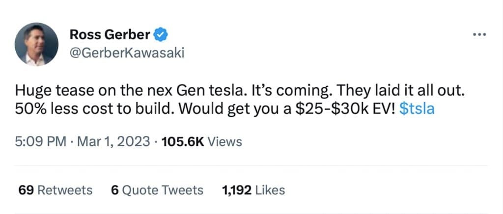 Tweet của Gerber Tesla 3-1-23