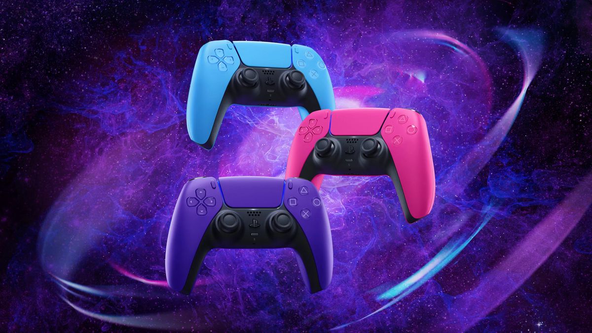 PlayStation 5 DualSense controllers in pink, blue and purple on a starry background