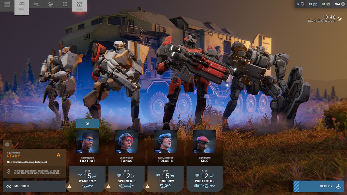 Los robots se alinean uno al lado del otro en una pantalla previa a la batalla en Phantom Brigade