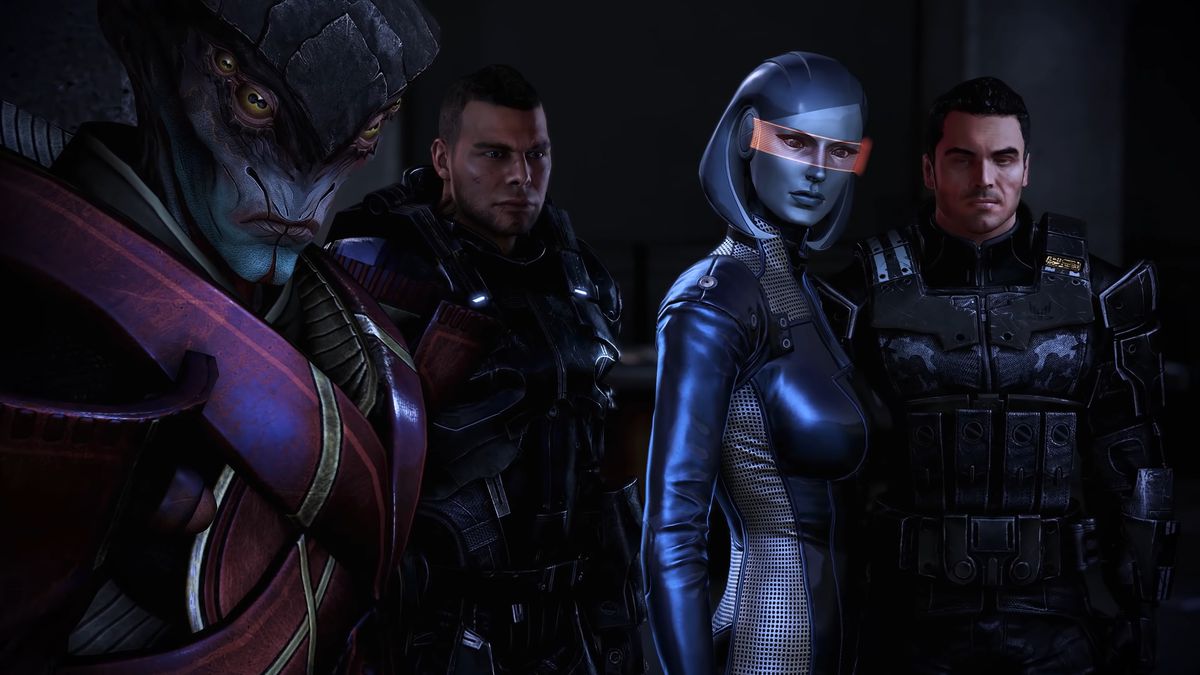 Four characters from Mass Effect: Legendary standing in a row.