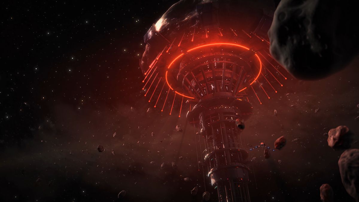 A large space structure glows red against the backdrop of space in Mass Effect: Legendary.