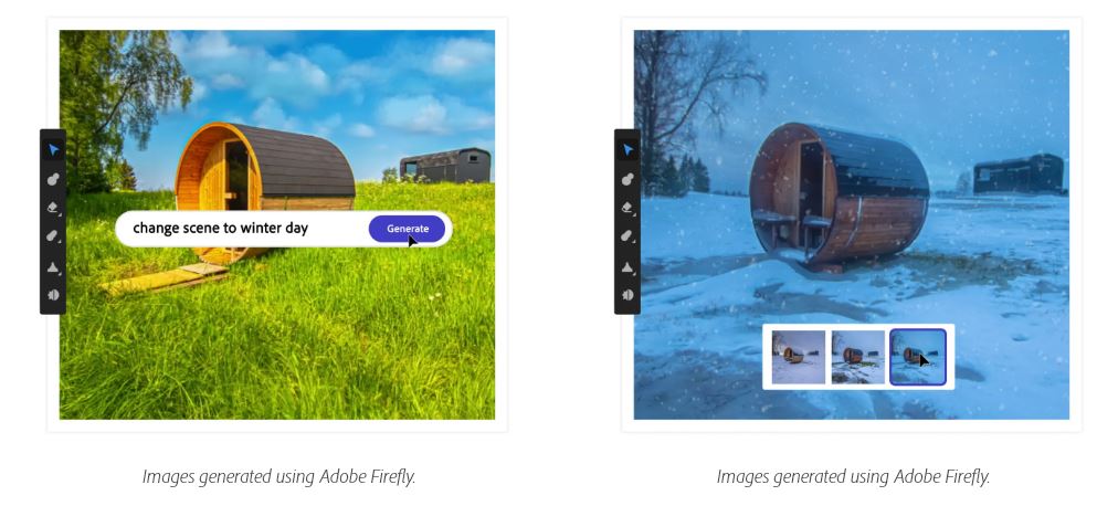 Adobe Firefly ändert eine Sommerszene in eine Winterszene.Adobe