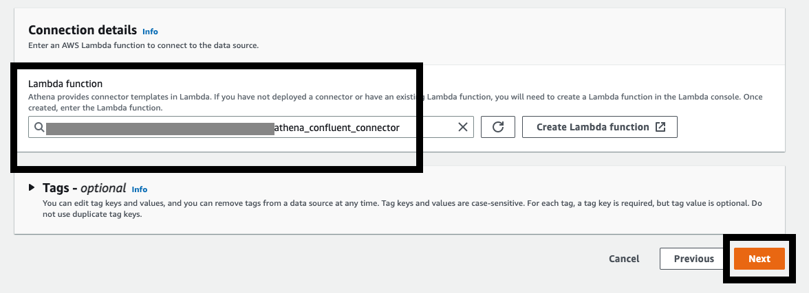 Return to the Connection details section on the Athena console and for Lambda, enter the name of the Lambda function you created. And Choose Next.