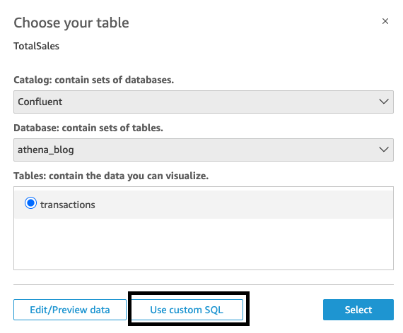 In the Choose your table section, choose Use custom SQL.