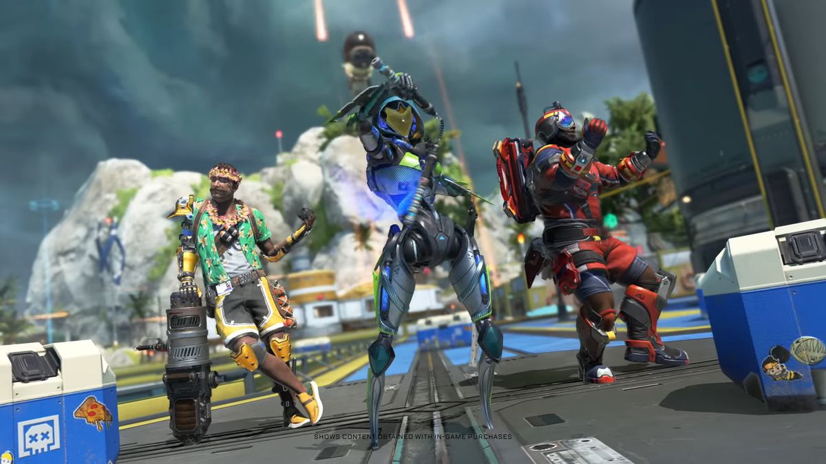 Fuse, Ash, and Newcastle dancing on a ship in Apex Legends with Ash’s new heirloom