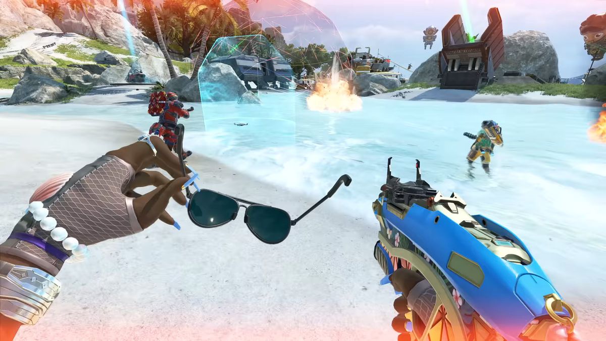 Battle ensuing in Apex Legends at the beach while a character is just holding sunglasses out in the open.
