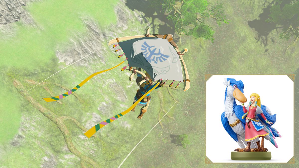 Link glides in Tears of the Kingdom with a white and blue glider inspired by Skyward Sword. The “Zelda and Loftwing” amiibo is displayed in the bottom right corner.