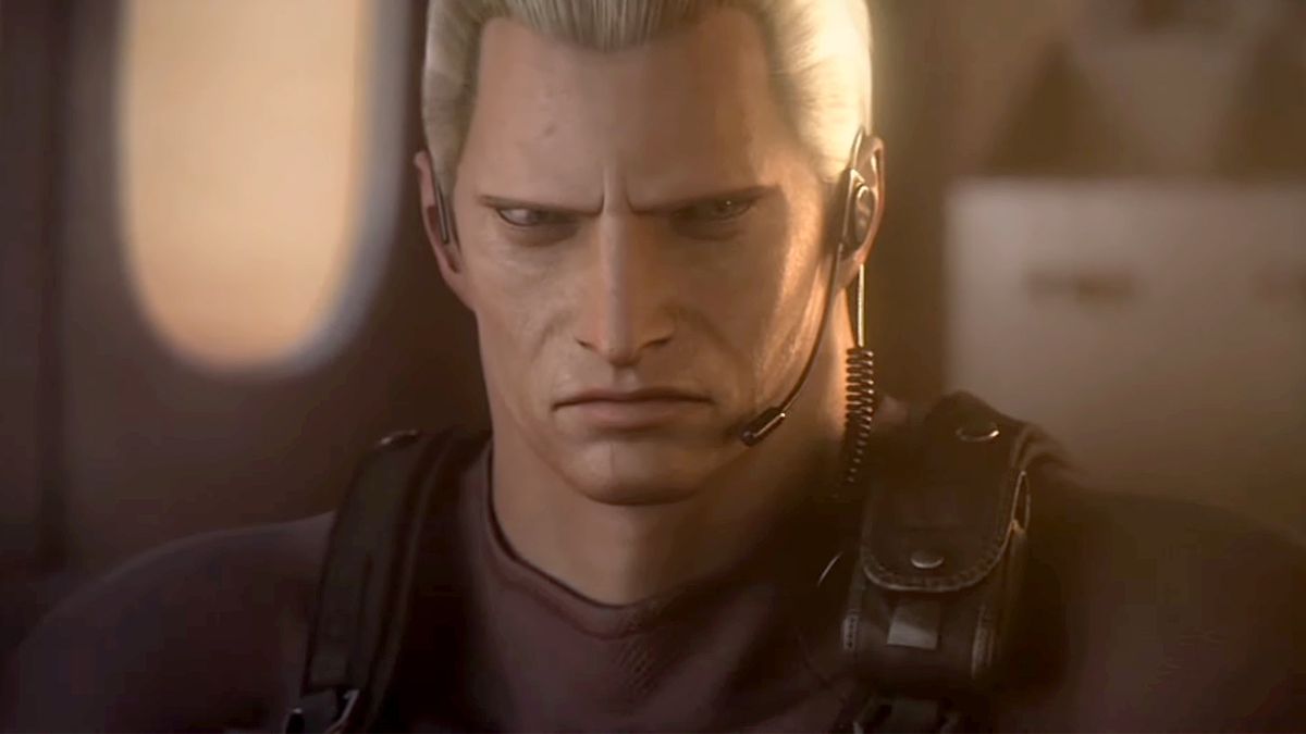A screenshot of Jack Krauser staring resentfully at Leon Kennedy in the ending of Resident Evil: The Darkside Chronicles as they escape in a helicopter