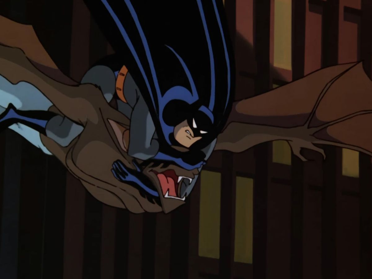 Batman sokaisee miestä ja lepakkoa puolivälissä Batman: The Animated Seriesin ”On Leather Wings” -elokuvassa.