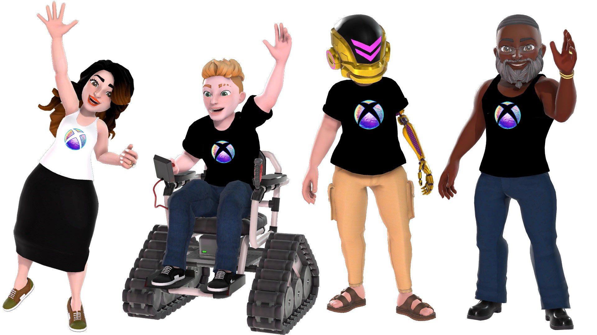 Cuatro personajes de avatar que muestran el rediseño del logotipo del Día Internacional de la Mujer de Xbox en la parte superior que presenta la esfera de Xbox con púrpura, rosa, amarillo y verde y una textura de ensueño similar al agua.