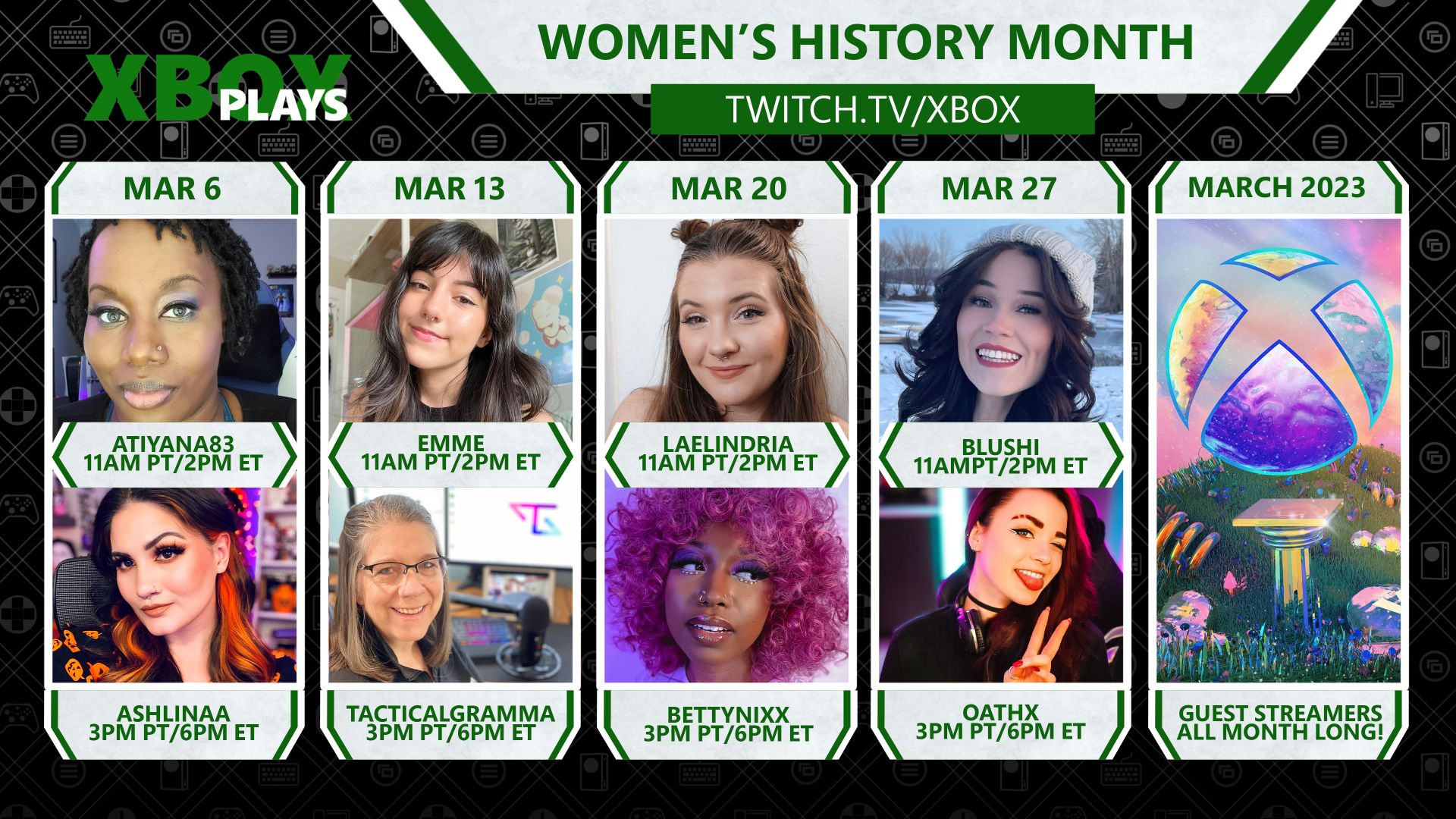 twitch.tv/xbox adresindeki Xbox Plays for Women's History Month'da sekiz kadın oyuncunun yer aldığı bir derleme görüntüsü.